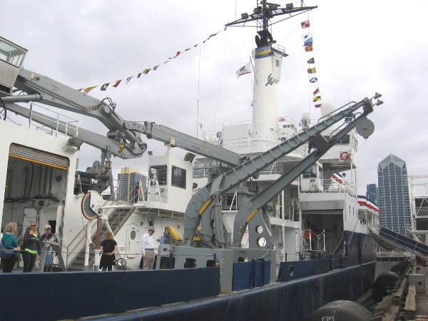 View from Broadway Pier of A-frame jutting from the Melville's side.