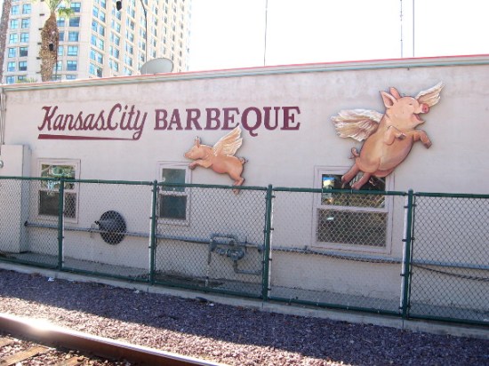 Pigs fly on the rear wall of Kansas City Barbeque!