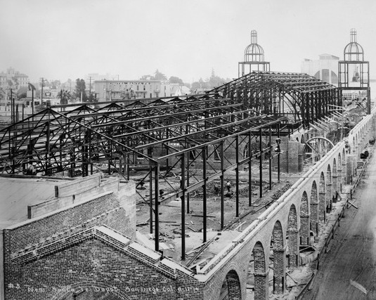 Historical photograph of Santa Fe Depot's construction, dated August 17, 1914.