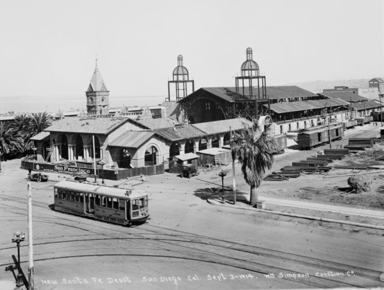 Santa Fe Railroad Station under construction beside the old 1887 Victorian depot. Photo dated September 3, 1914.