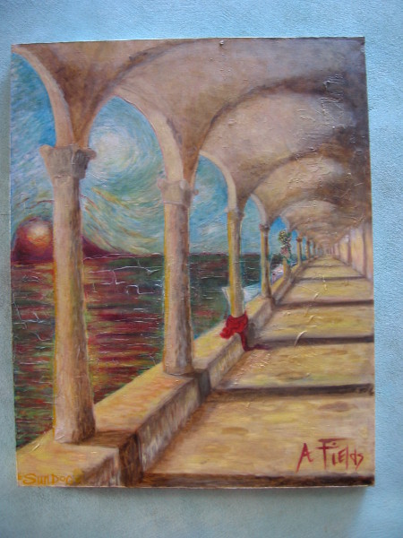 Artwork inside passage to stylish courtyard near La Pensione Hotel.