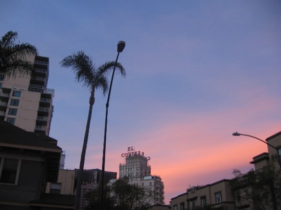 El Cortez seen from a couple blocks away early one morning at sunrise.