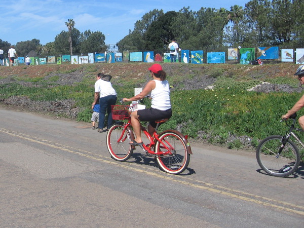 Bicyclists heading down Old Sea World Drive spy a line of colorful artwork.