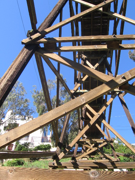 Wooden beams compose the high trestle.