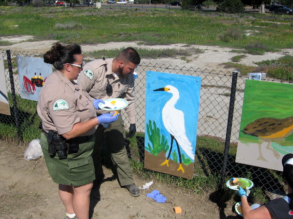 San Diego Park Rangers were also painting a mural. This panel depicts a snowy egret.
