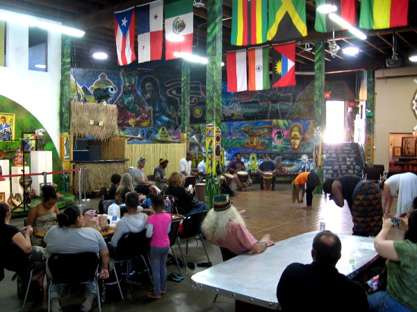The colorful interior of the WorldBeat Cultural Center is alive with dancers and drummers.
