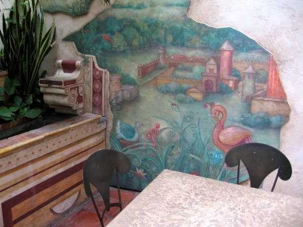 La Pensione Hotel in Little Italy has an interesting semi-outdoor area with lots of murals.