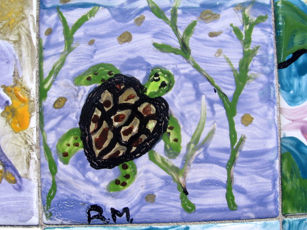 A painted tile in a bench on San Diego's Embarcadero.