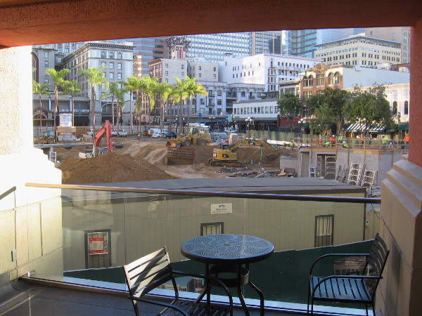 View of nearby park construction from an upper level of downtown's Horton Plaza mall.