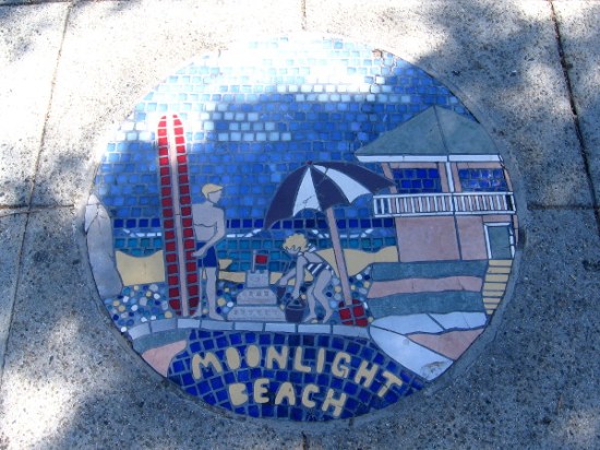 Beautiful Moonlight Beach in Encinitas is celebrated with fun sidewalk art.