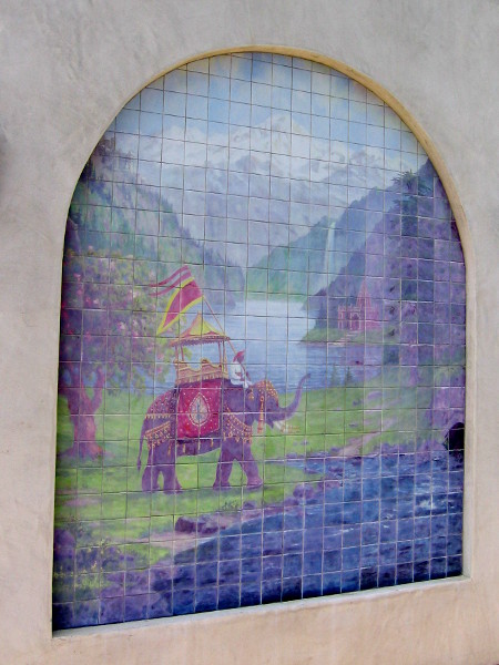 Elephant mosaic on side of Self-Realization Fellowship gift shop.