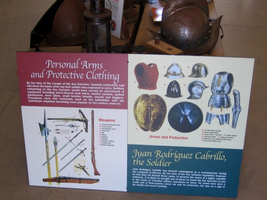 Poster shows personal arms and protective clothing used by the men who sailed with Juan Rodriguez Cabrillo five centuries ago.