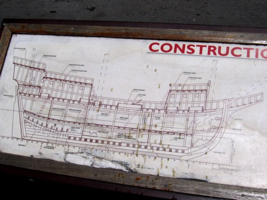 Detailed schematic shows framework and beams that support decking and hull.