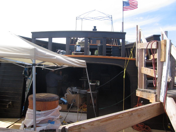 Looking back at the aftcastle and rearmost poop deck from the center of the upper deck. You can see the window through which the helmsman peered.
