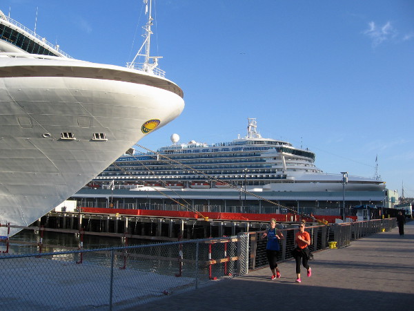 Two luxurious Grand-class cruise ships gleam on either side of the Cruise Ship Terminal.