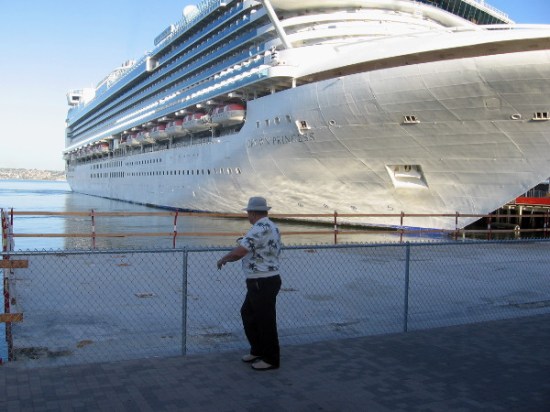 Man gazes at the sunlit bay near what soon will be an observation platform.
