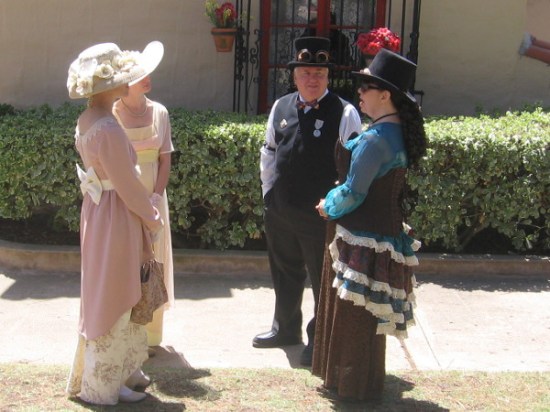 Some people had steampunk goggles in the International Cottages area, where event participants converged.