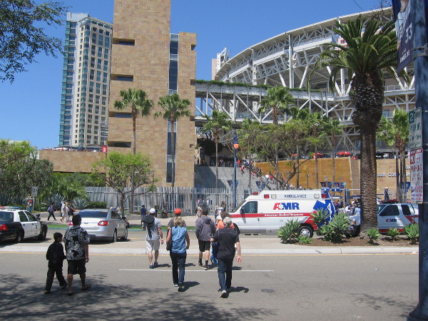 Walking along toward Petco Park, anticipating a Padres win.