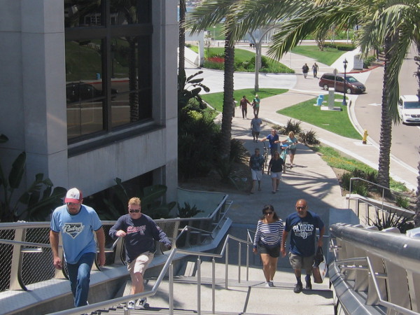 Climbing the Harbor Drive pedestrian bridge from a path near the Hilton San Diego Bayfront hotel.