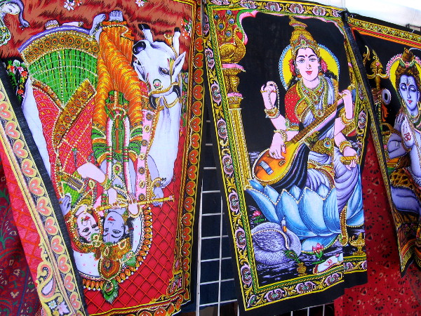 Many crafts, clothes and goods for sale featured lush color and spiritual imagery from Eastern religious traditions.
