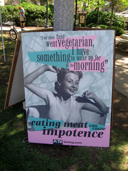 Local vegan and vegetarian groups had different booths and some humorous signs.