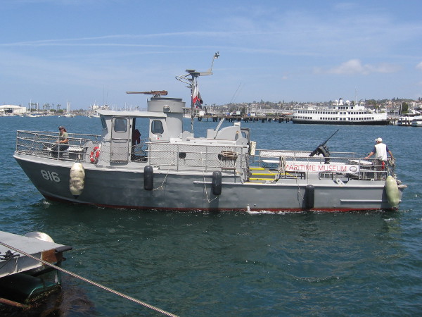 The restored Swift Boat, PCF-816 approaches the Maritime Museum of San Diego on downtown's waterfront.