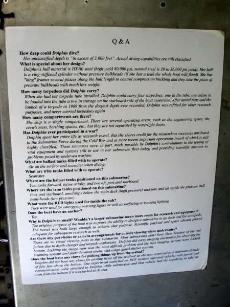 A sign inside the underwater research vessel provides answers to a few common questions.