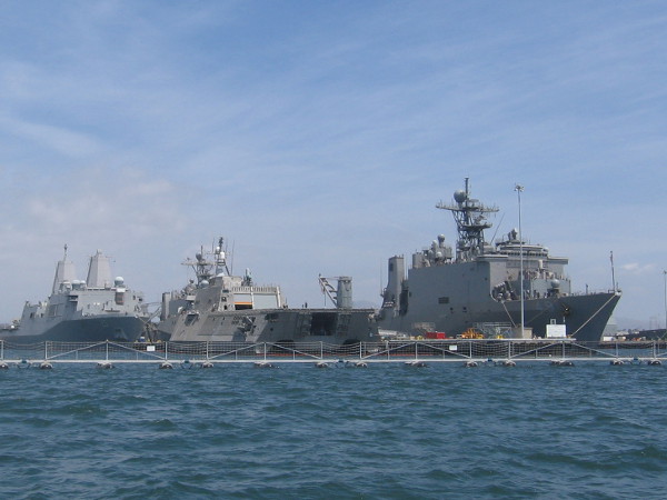 That unique ship in the middle is a new Independence-class littoral combat ship. USS Coronado is a trimaran, which allows it to operate in shallow water.