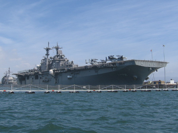 USS Essex is an enormous United States Navy Wasp-class amphibious assault ship based in San Diego.