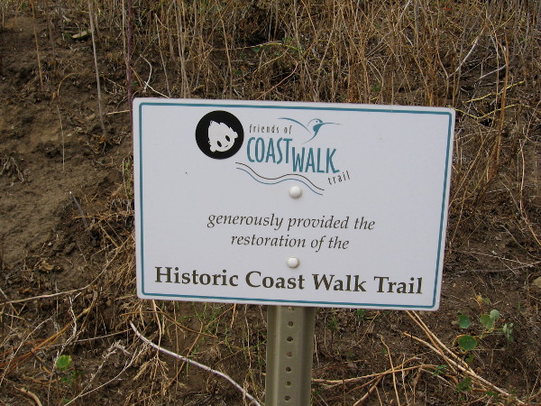 The Historic Coast Walk Trail begins near Torrey Pines Road and ends at the Cave Store on Coast Boulevard.