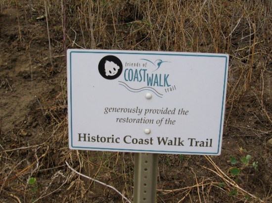 The Historic Coast Walk Trail begins near Torrey Pines Road and ends at the Cave Store on Coast Boulevard.