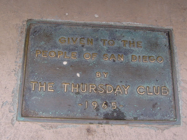 Plaque recalls how the second identical plaster fountain (next to the Timken Museum of Art) was restored back in 1965 by The Thursday Club.