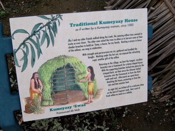 This sign tells the story of a fictional Kumeyaay woman, circa the year 1000. This primitive house was called an Ewaa.