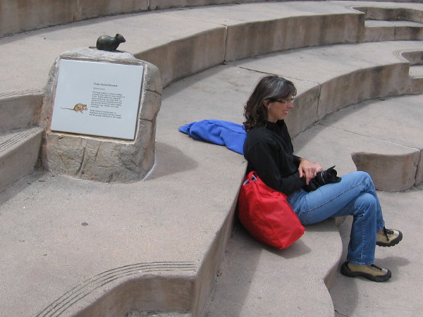 Lady rests in Visitor Center amphitheater by small bronze sculpture of a Dusky-footed Woodrat. These wild rodents can create nests up to 8 feet high!