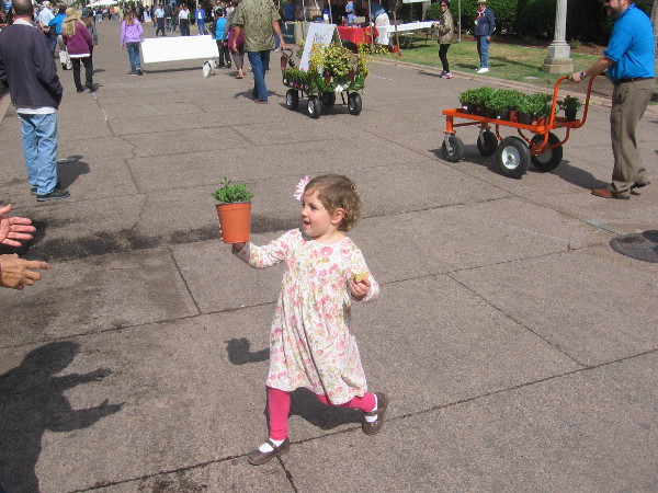 Child gives potted plant to spectator during floral wagon parade in Balboa Park.