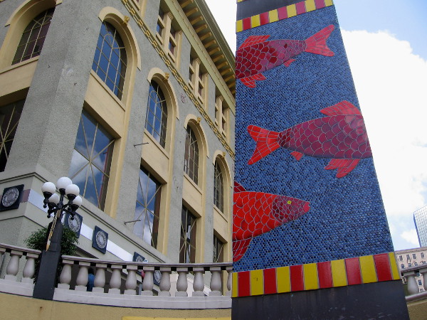 A closer view of colorful tile fish on the Horton Plaza obelisk.