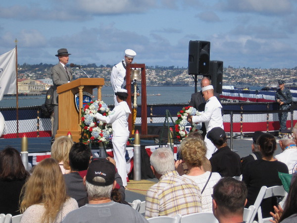 There are two wreaths. One commemorates those who fought in World War II's Pacific Ocean theater. The second wreath is dedicated to those who served in Europe.