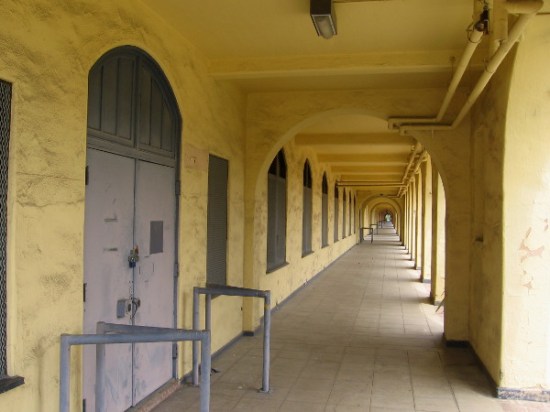Looking along the length of long-abandoned Barracks 5 at NTC Liberty Station.