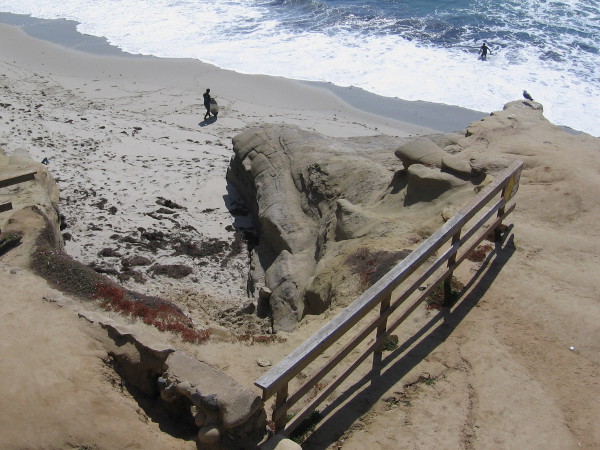 Some surfers on a beach and in the foaming water below.