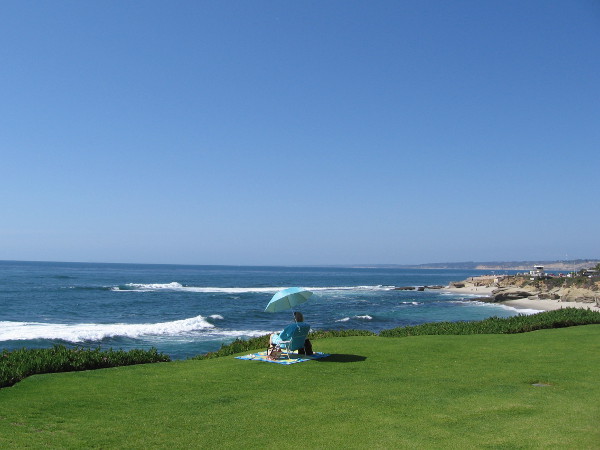 A stretch of green grass at Cuvier Park is the perfect place to sit or lie on a glorious Southern California day.