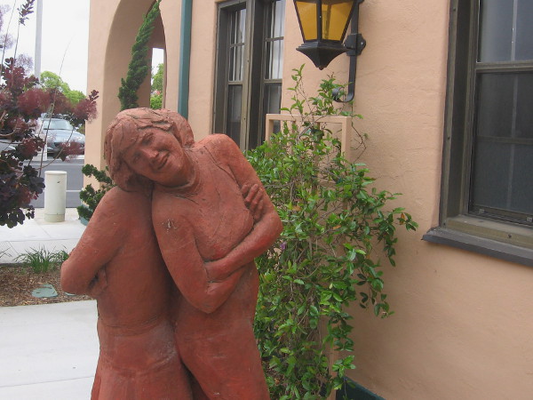 Two life-size sisters greet visitors who wander about Point Loma's art-filled Liberty Station.