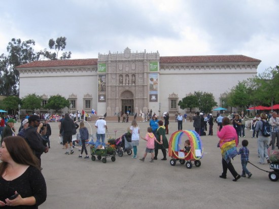The cool parade finally reaches the Plaza de Panama in front of the San Diego Museum of Art.