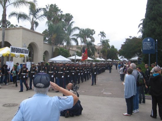 A second parade nears! Marines from San Diego's MCRD march down El Prado for a special historic ceremony.