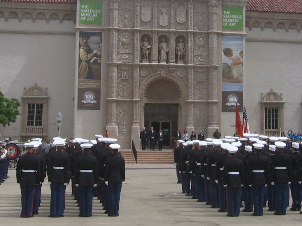 Marines stand at attention before San Diego mayor, MCRD commandant and other dignitaries speak during the special Balboa Park Centennial event.