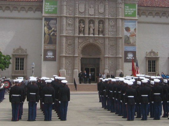Marines stand at attention before San Diego mayor, MCRD commandant and other dignitaries speak during the special Balboa Park Centennial event.