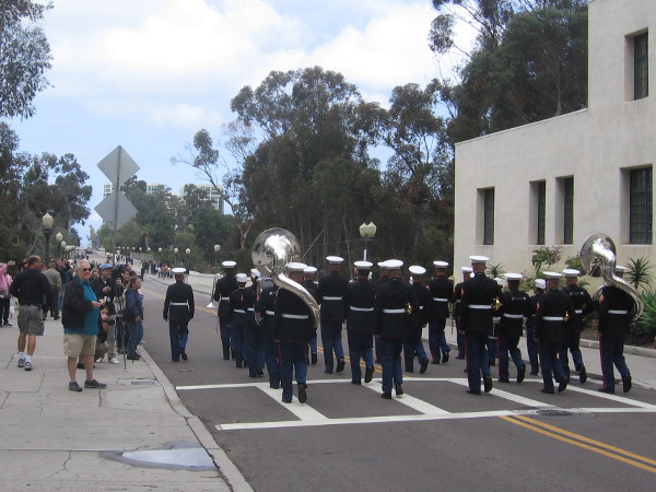 Marines start across the Cabrillo Bridge to reproduce a famous photograph from one hundred years ago!