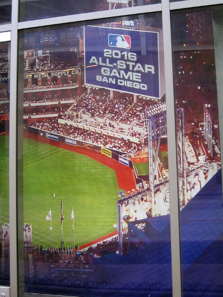 Poster inside Omni Hotel window looks forward to San Diego's 2016 All-Star Game.