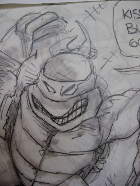 One of several TMNT drawings in a front window at the new San Diego Comic Art Gallery.