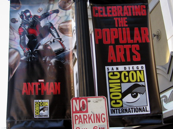 Ant-Man banners in downtown San Diego decorate street lamps for 2015 Comic-Con. The tiny Marvel superhero better not park here!