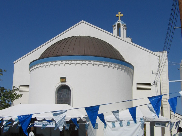 Looking up at the church from the parking lot behind it, where the festival is held each year.